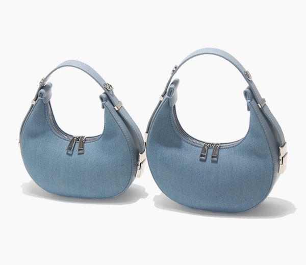 

half moon jean shoulder chain bag women light blue denim crossbody handbag female stylish imitation hand purse ladies daily tote