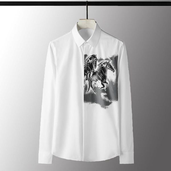 

men's casual shirts cotton mens luxury horse printed long sleeve dress plus size 4xl solid color slim fit male, White;black
