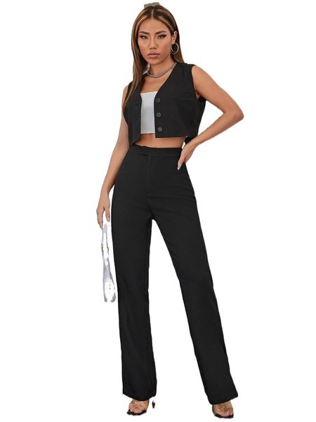 

single breasted vest jacket & slit hem pants j0xz#, White