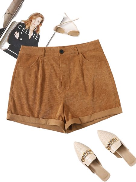 

plus corduroy roll-up hem shorts p8n8#, Black
