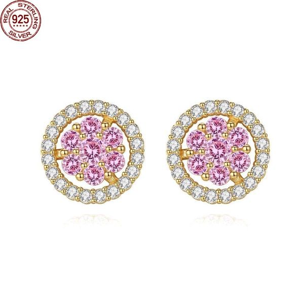 

stud earrings for women pink cubic zircon round flower 925 sterling silver fine, Golden;silver