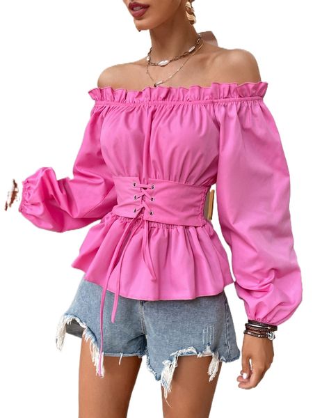 

off shoulder lantern sleeve corset peplum q0ov#, White