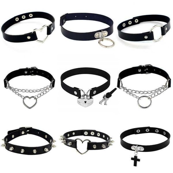 

new gothic punk leather choker necklace for women teens girls rivet heart cross collar rock fashion jewelry gifts, Silver