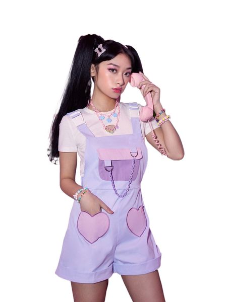 

romwe anime colorblock heart pocket pinafore romper 685m#, Black;white