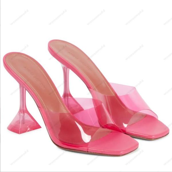 

luxury designer amina muaddi sandals new clear begum glass pvc crystal transparent slingback sandal heel pumps naima embellished satin sanda, Black