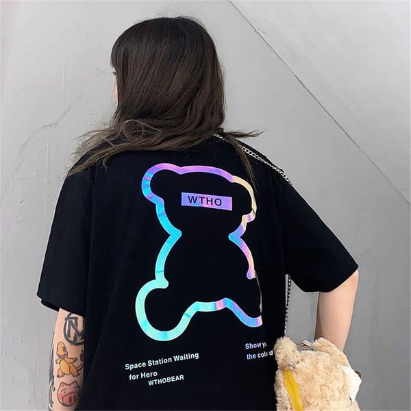 

100% cotton summer bear reflective tshirt streetwear male japanese loose amine t shirt high street oversize half sleeve t shirt 220608, Black