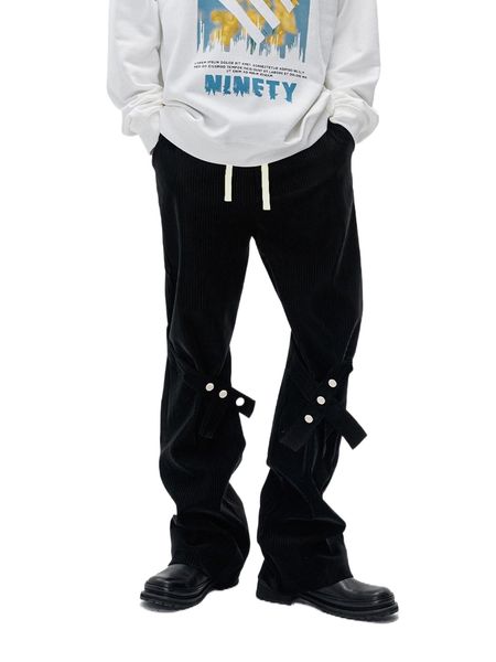 

men drawstring waist corduroy pants 86bs#, Black
