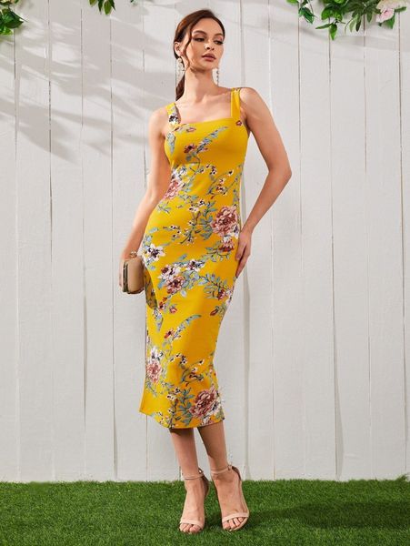 

split hem floral print dress s3qc#, Black;gray