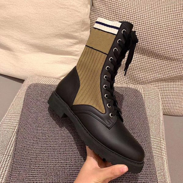 

women biker boots rockoko combat boots black leather calfskin stretch fabric shoes ankle martin boot lace-up rubber sole sports stripe shoe
