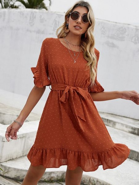 

flounce sleeve ruffle hem belted dress s2fm#, Black;gray