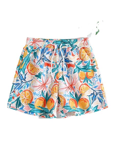 

fruit & floral print drawstring waist shorts v7fn#, White;black