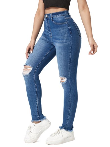 

ripped raw hem skinny jeans l1st#, Blue