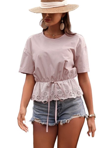 

eyelet embroidery knot front blouse e8uo#, White