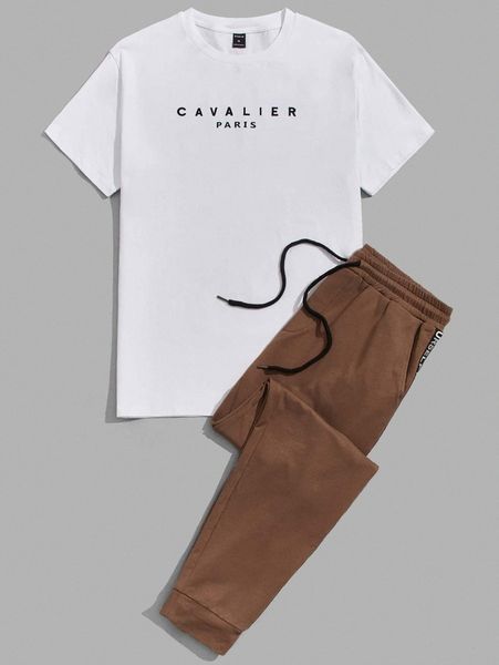 

men letter graphic tee & sweatpants set e4om#, Gray