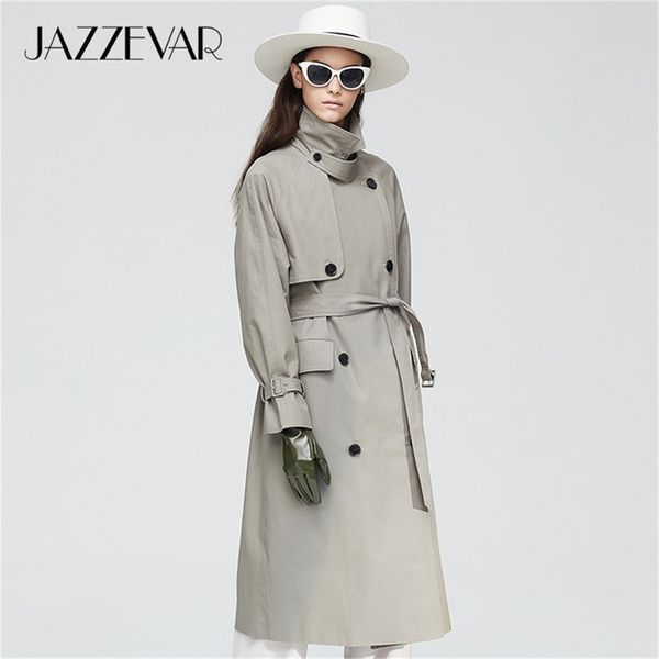 

jazzevar2020 new arrival autumn trench coat women khaki color long cotton outwear loose clothing with belt fashion coat lj200903, Tan;black