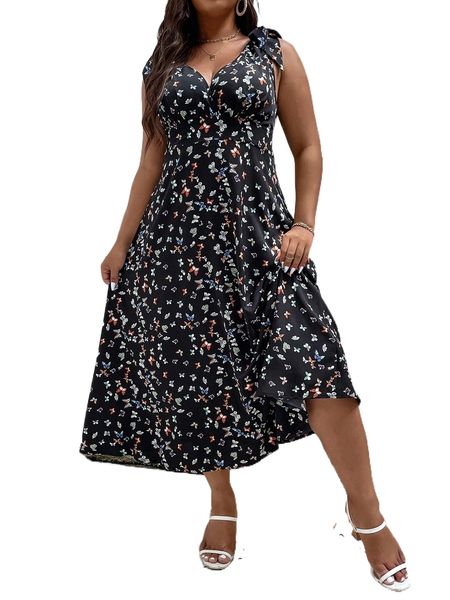 

plus allover butterfly print knot shoulder dress e91e#, Black