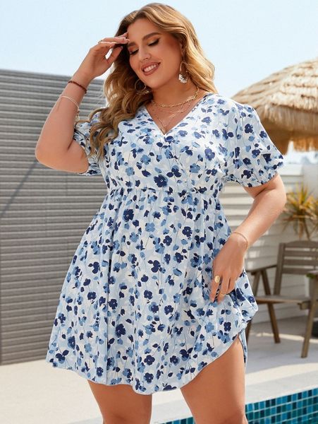 

plus floral surplice front flare dress n68l#, Black