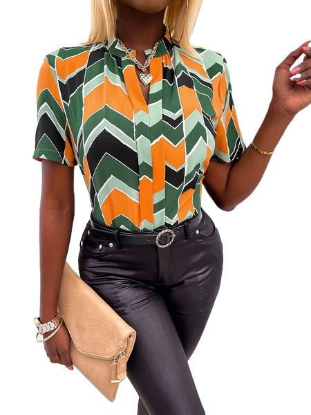 

sxy random chevron print notched neckline blouse o95c#, White