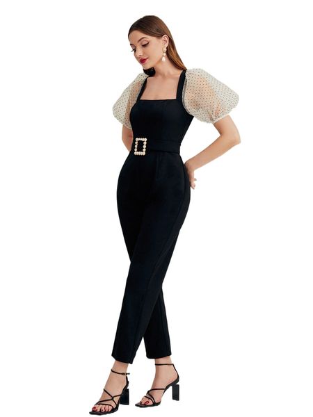 

contrast dobby mesh puff sleeve belted jumpsuit 01ps#, Black;white