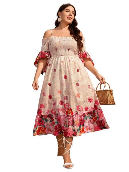 

plus floral print cold shoulder shirred ruffle hem dress k6xr#, Black