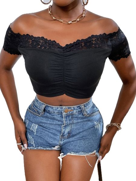 

sxy contrast lace off the shoulder ruched bust 68oq#, White