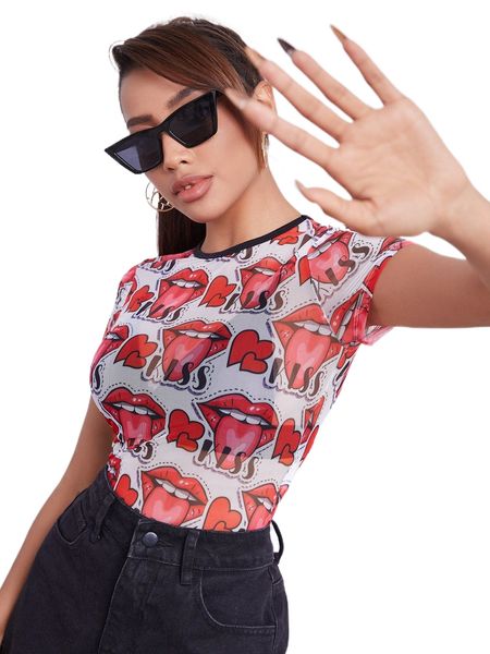 

lips & letter graphic sheer mesh r0st#, White