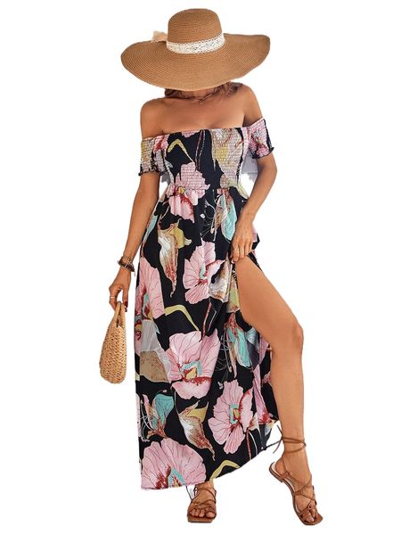 

floral print shirred dress 14s0#, Black;gray