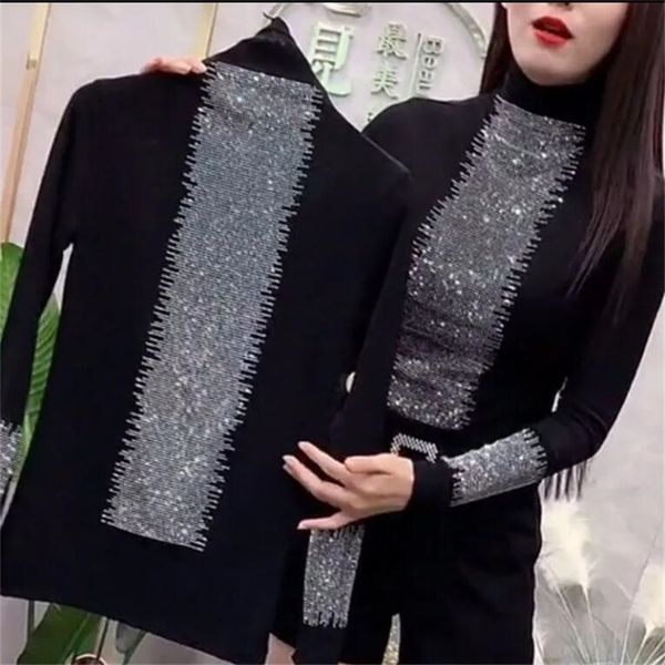 

drill half high collar t-shirt women's bottoming tee winter plus velvet warm pullover base female diamond tshirt 220408, White