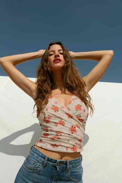 

women's tanks camis legal system ro spring and summer net printed deep v cross strap vest women, White