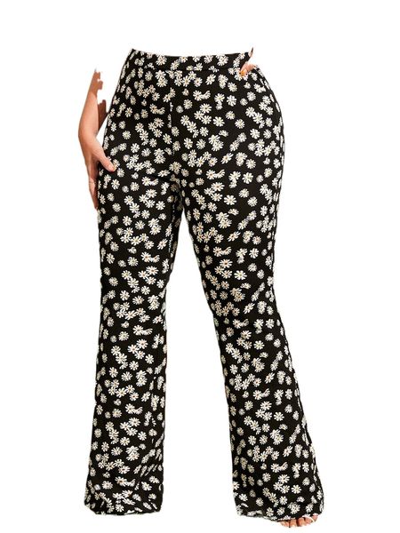 

plus daisy print flare leg pants d4ud#, Black