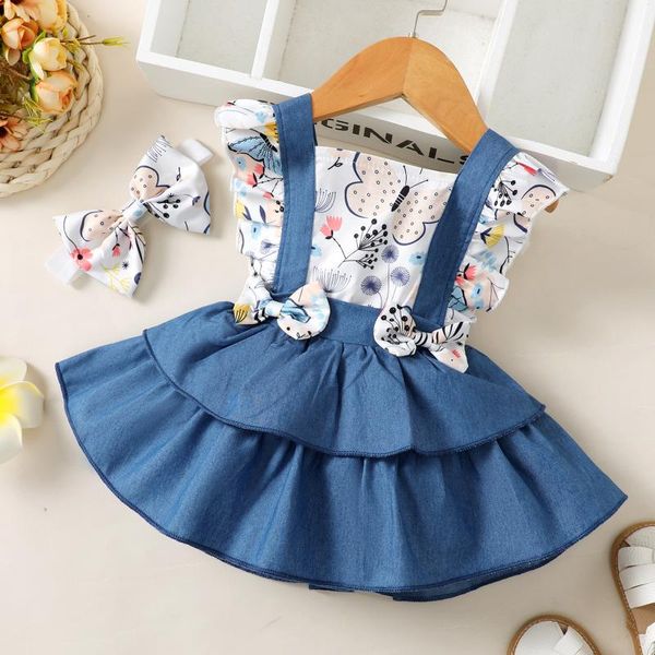 Set di abbigliamento 0-24 M Vestiti per neonate nate Estate senza maniche Farfalla stampata Abito da festa Abiti da principessa senza schienale Set di fasceAbbigliamento