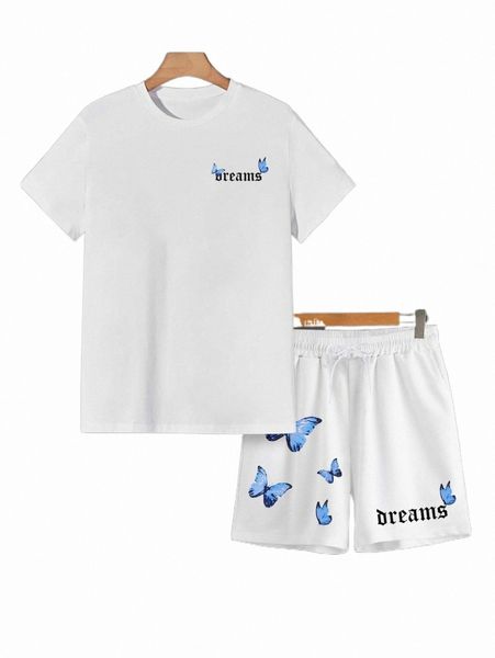 

men butterfly & letter graphic tee & shorts x2fo#, Gray