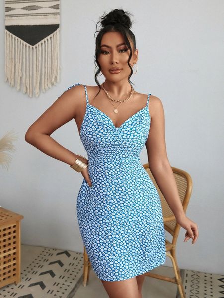

ditsy floral tie shoulder backless cami dress p2ow#, Black;gray