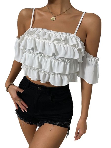 

frill trim ruffle layered hem crop b5mv#, White