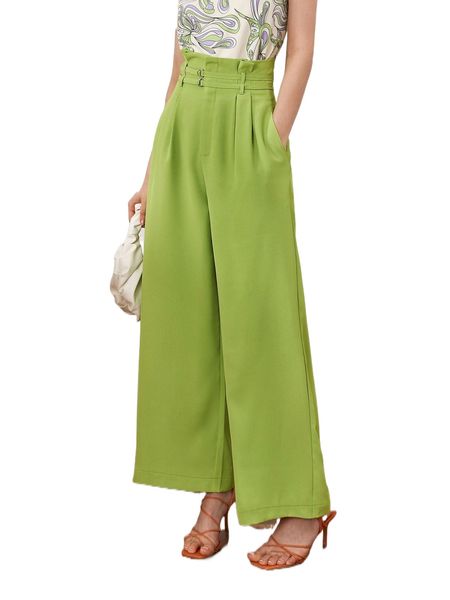 

plicated detail paperbag waist wide leg pants p7ok#, Black;white