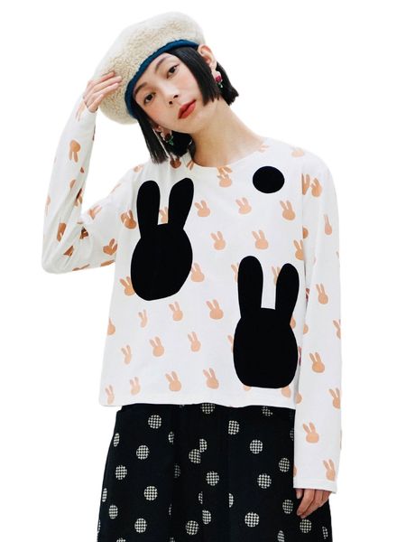 

rabbit print crew neck tee 41kl#, White