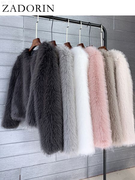 

zadorin 2022 korean style winter women solid short faux fur coat fashion casual long sleeve fluffy pink black faux fur jacket t220716