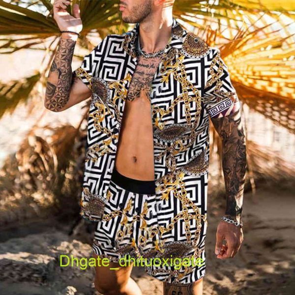 

casual summer men's shirts tracksuit hawaiian sets t-shirts printing luxury swim short sleeve button men shirt suit vacation beach fash, White;black
