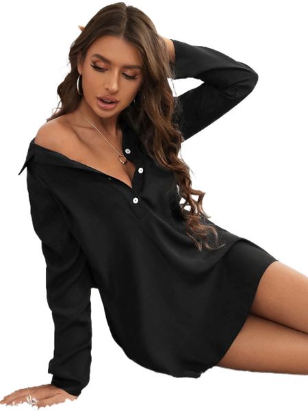 

solid half button nightdress a6x3#, Black;red