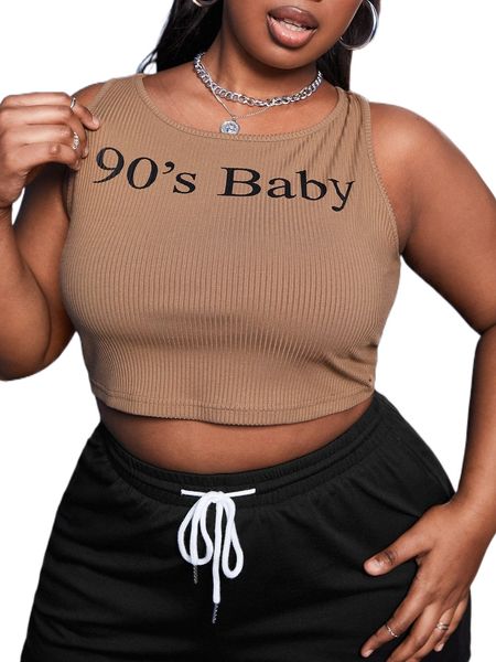 

sxy plus letter graphic rib knit crop tank f1dj#, Black