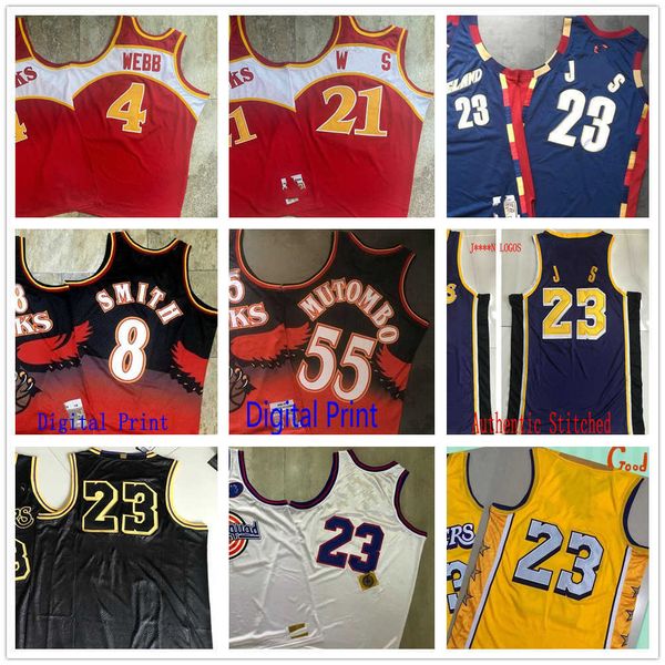 

authentic stitched retro mitchell and ness basketball jerseys 8 smith 55 mutombo red blue white black yellow jersey002, Black;red