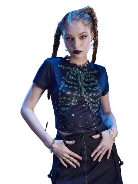 

romwe cyber luvr skeleton print crop tee h5hz#, White