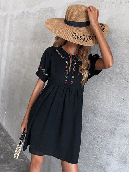 

notched neck embroidered smock dress r6p7#, Black;gray
