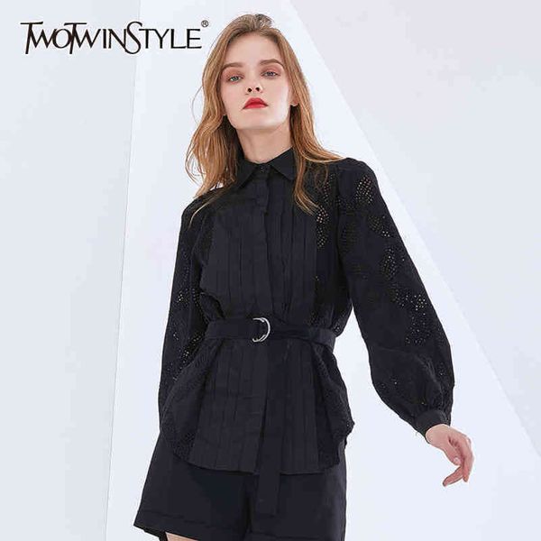 

hollow out vintage shirt for women lapel long sleeve casual sashes solid blouse female fashion clothing spring 210423, White