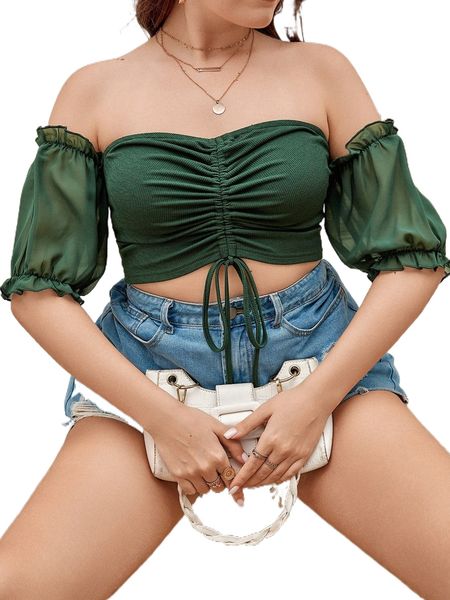 

plus off shoulder drawstring front crop d5kp#, Black