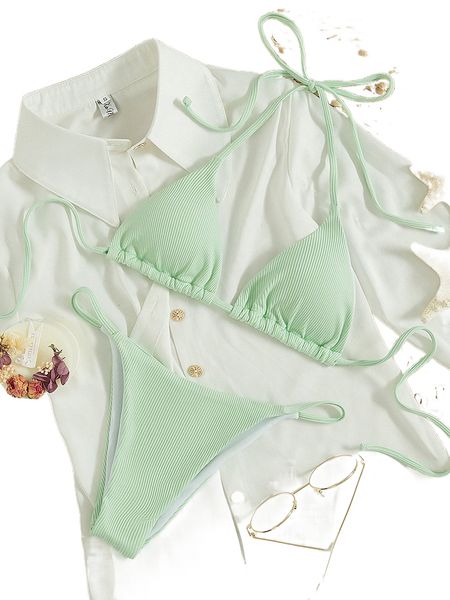 

rib halter triangle bikini swimsuit z8t0#, White;black