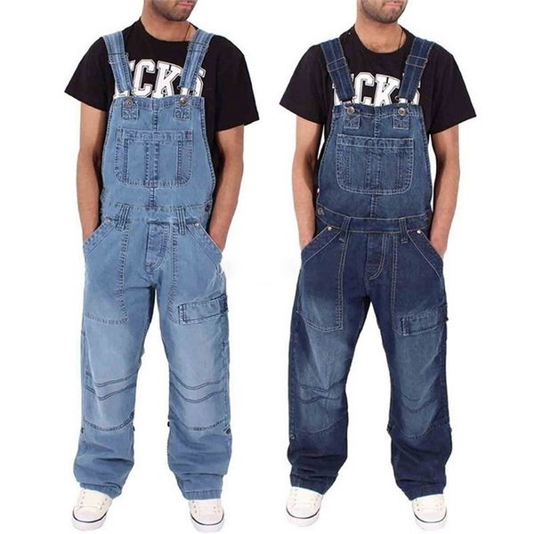 

fashion man casual loose pocket overalls comfortabele denim jumpsuits bib pants jeans baggy jeans man blauw broek lj200911, Blue