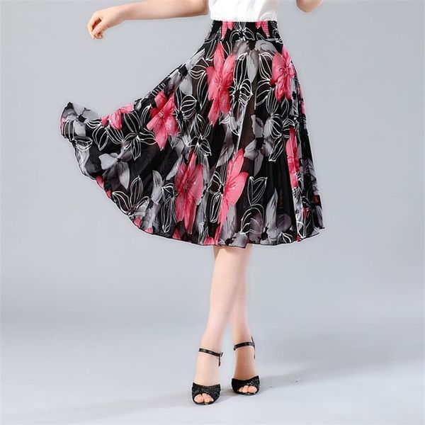 

summer long print skirts womens elastic high waist elegant pleated skirt plus size faldas saia fashion female casual skirt 210306, Black