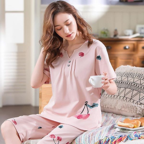 

summer -3xl womens pajamas set sleepwears ladys soft 100 cotton short sleeve sleepwear girls pijamas, Black;red