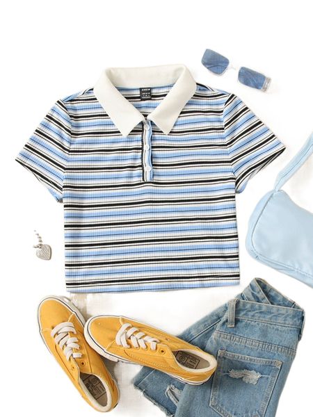 

striped polo neck tee x6en#, White